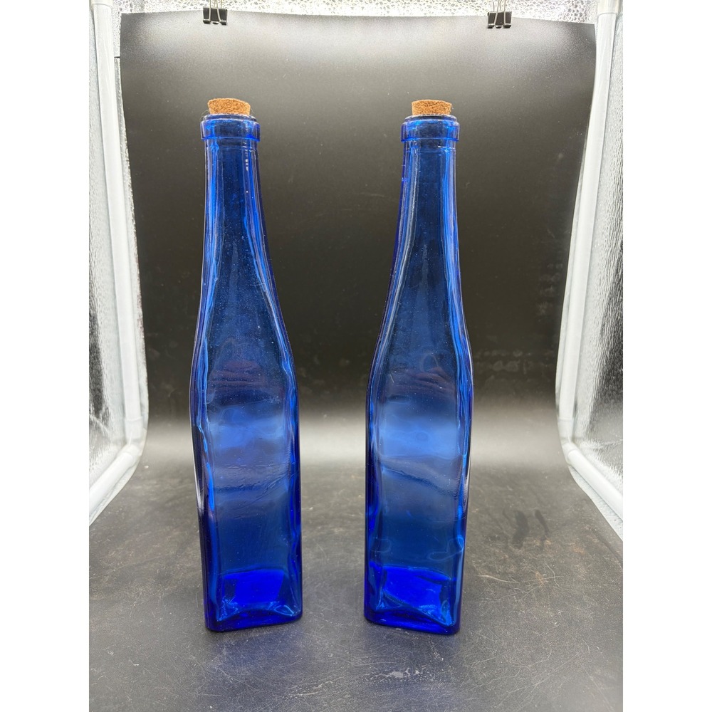 Vintage Cobalt Blue Glass Bottles with Cork Stoppers Square Base Set of 2